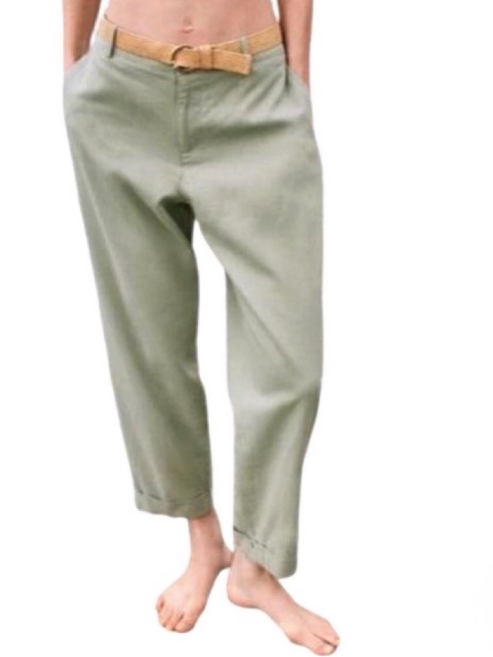 ZARA Relaxed Sage Green High-Waist Trousers with Tan Belt! 🍃